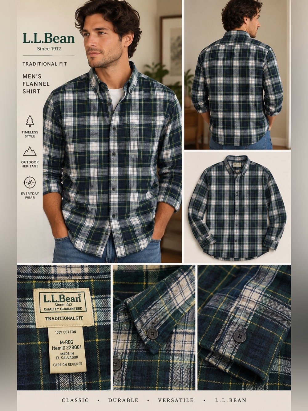 L.L. Bean Men’s Green & Navy Plaid Button-Down Shirt size M